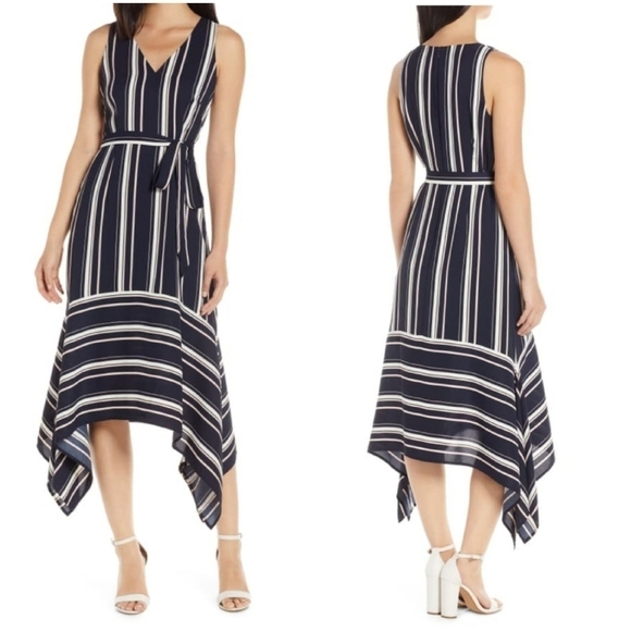 NWT Vince Camuto Navy Striped Asymmetrical Dress - Picture 1 of 5